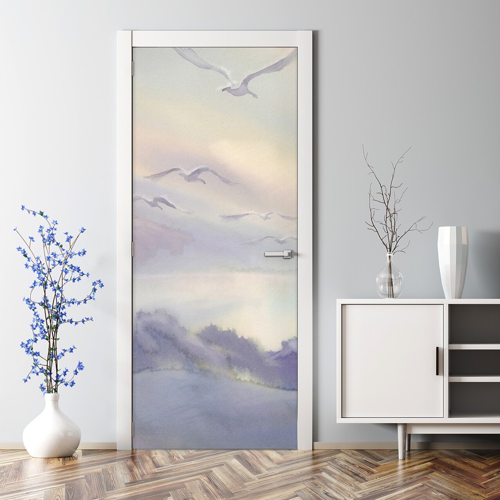 Flying Swans Watercolor Door Decal Pastel Landscape Sticker