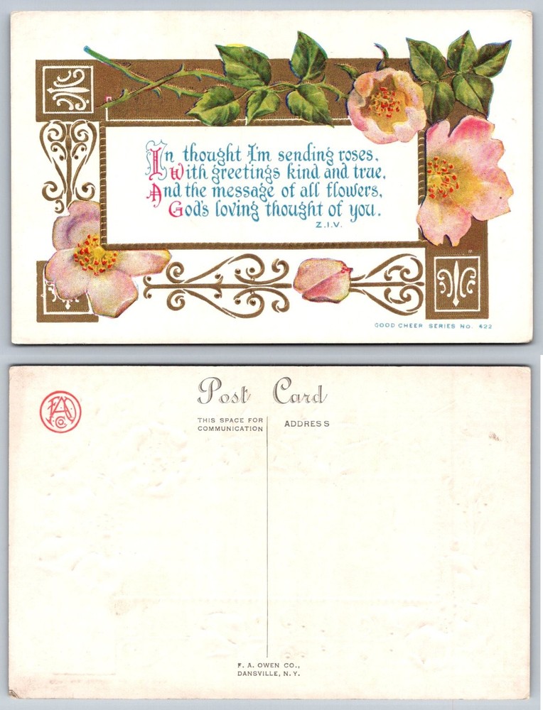 Antique F.A. Owen Co. Good Cheer Roses Floral Sentimental Postcard c1910s