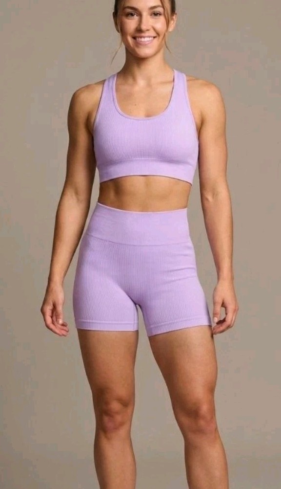 OQQ Women's Lilac Ribbed Knit High Waisted Biker Shorts Gym Workout Yoga! S