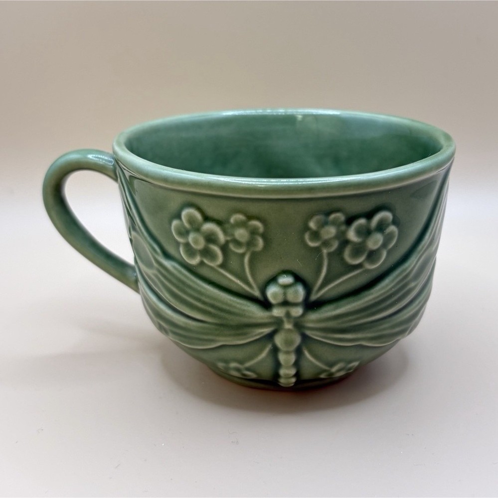 Green Ceramic Cup Floral Dragonfly Design Round Glossy Portugal