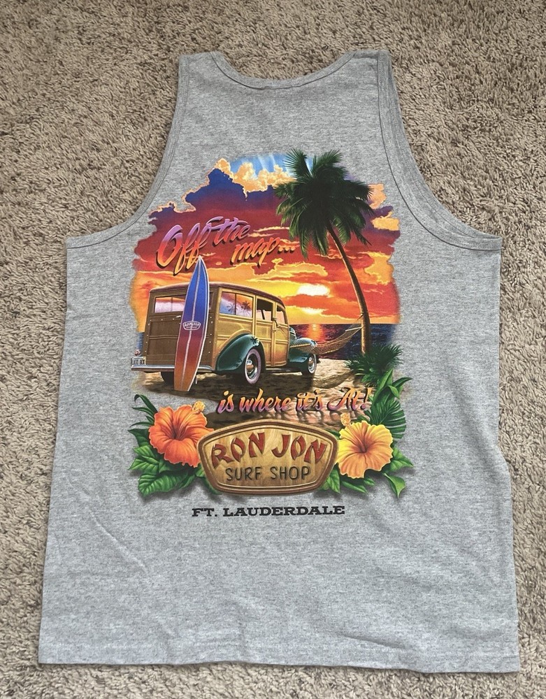 RON JON Surf Shop tank top mens L Gray Ft. Lauderdale Florida Off The Map