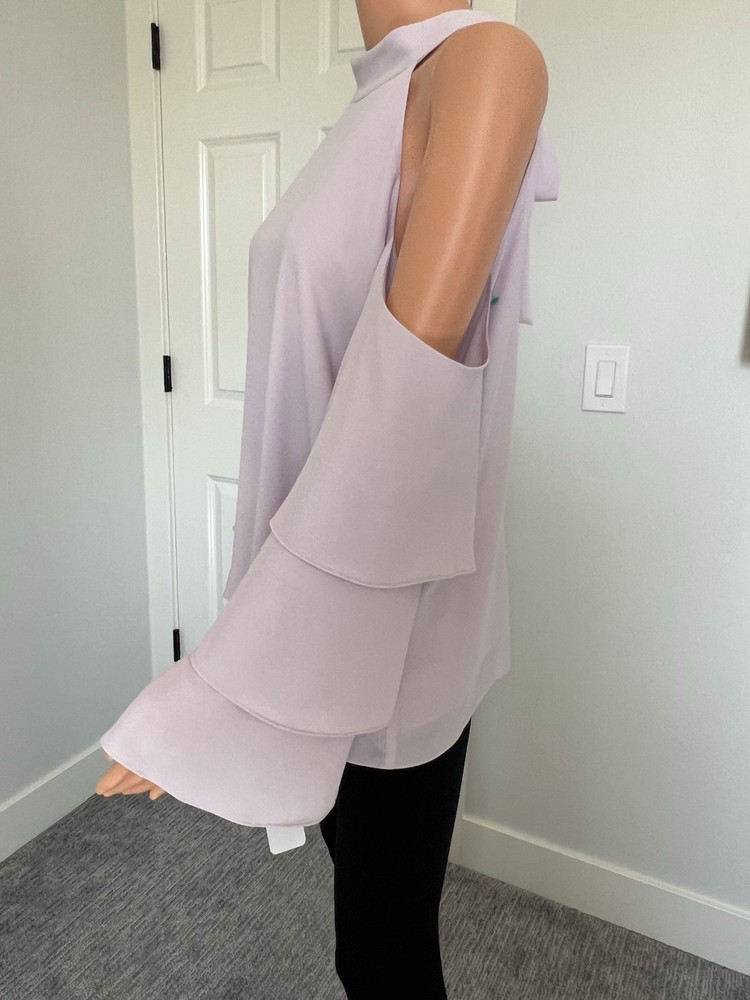 1.STATE Light Purple Chiffon Cold Shoulder Tiered Ruffle Sleeve Tie Blouse M