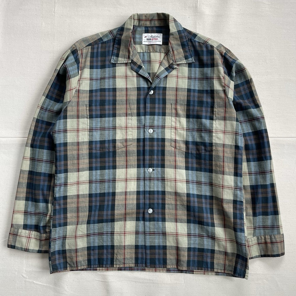 Vintage 50s 60s Mahattan Cotton Shadow Plaid Loop Collar Rockabilly Shirt M