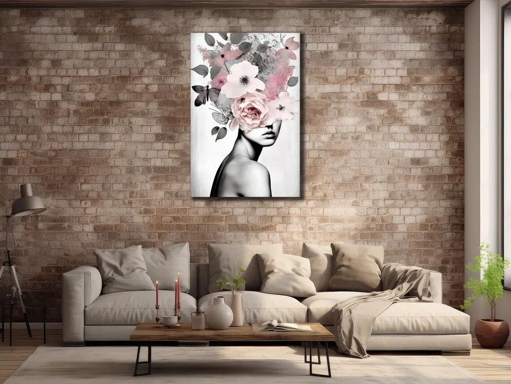 Modern Flower & B&W Girl Pink Abstract Unframed Canvas Print Australian Wall Art