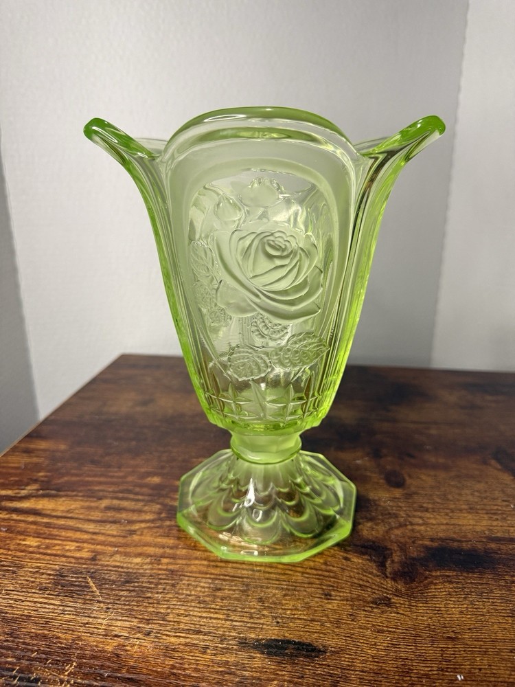 Vintage Green Uranium Glass Rose Vase Frosted Embossed Floral UV Reactive 8.5