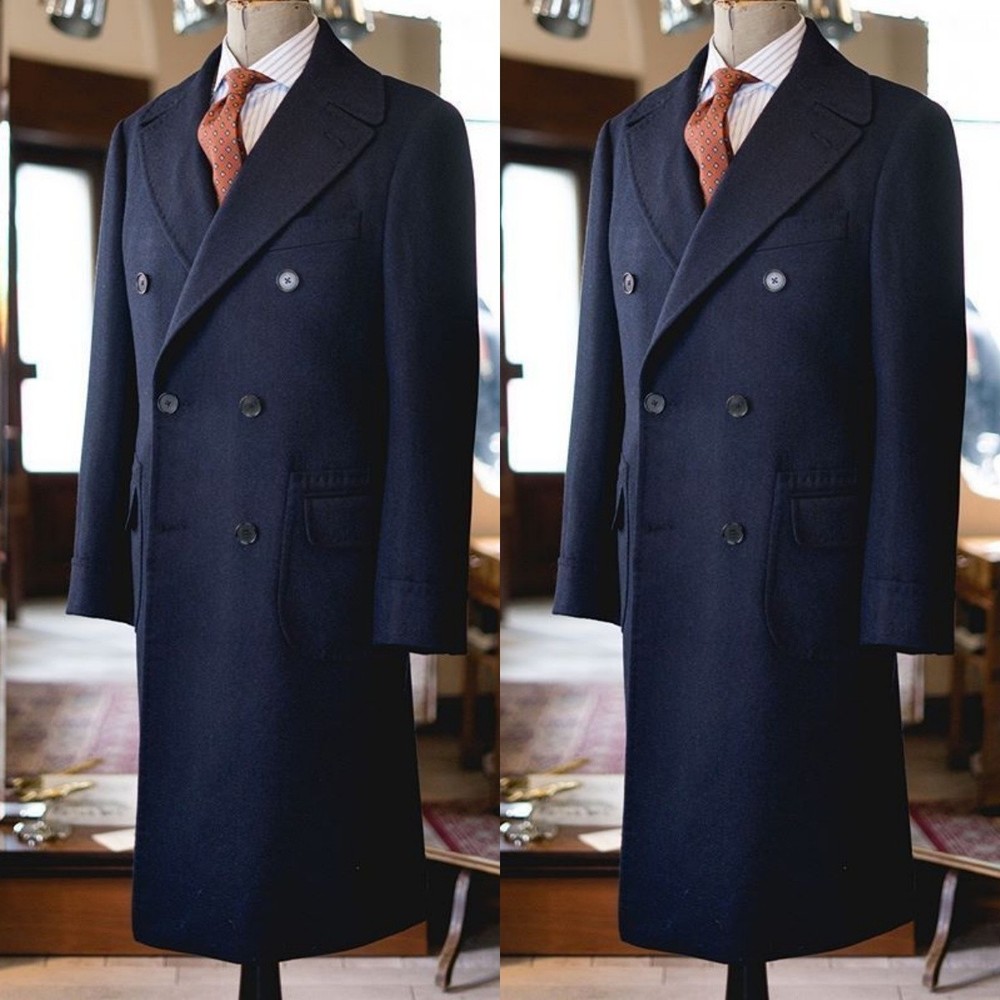 Woolen Men's Overcoat Workwear Offical Winter Long Suit Navy Blue Long Jacket
