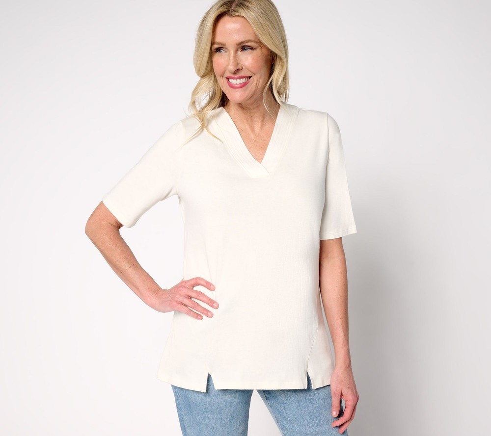 Denim & Co. Women's Top Sz L Essentials True Cotton V-Neck Slit Hem White
