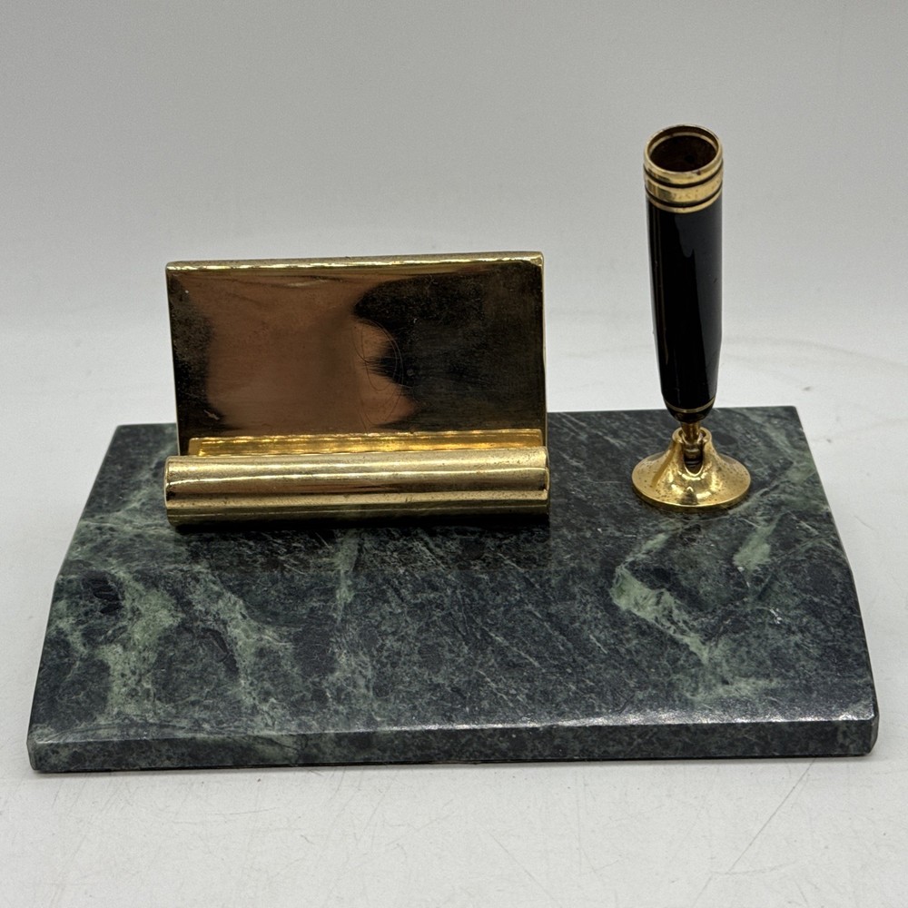 Vintage Green Marble Base Brass Business Card And Pen Holder Desk Set Taiwan