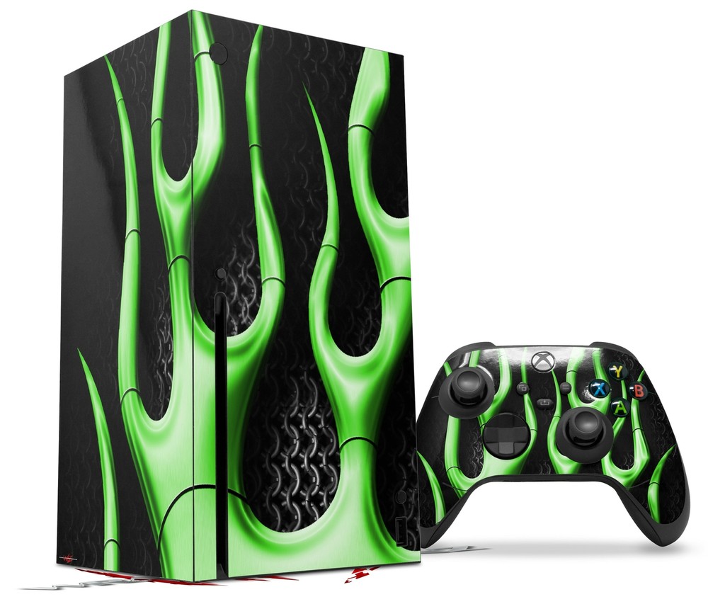 Skin Set for XBOX Series X Metal Flames Green