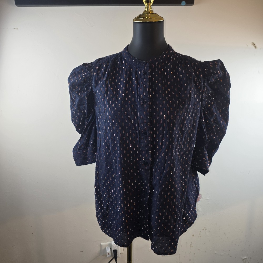 GAP Women’s Navy Cotton Metallic Clip Dot Puff Sleeve Button Up Top Size XL