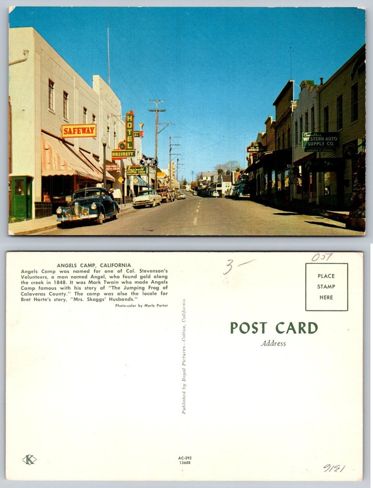 Angels Camp California Main Street Vintage Postcard 1950s Safeway Hotel Cars