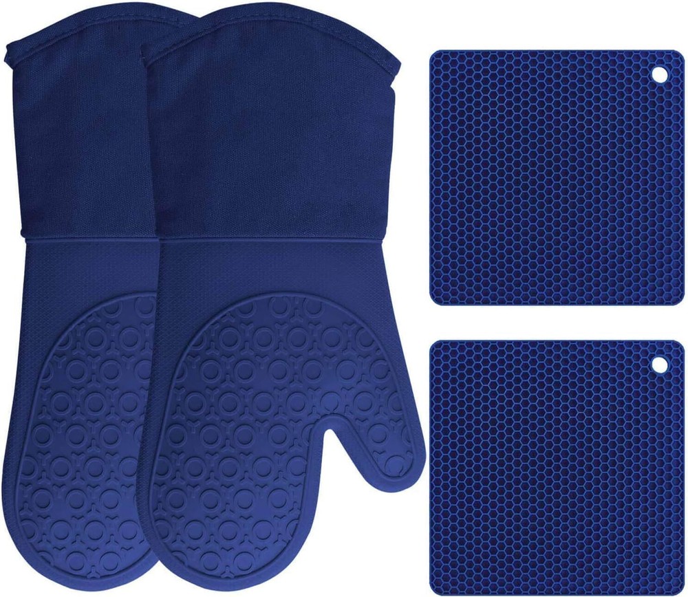 HOMWE Silicone Oven Mitts and Pot Holders, & Trivets Set, Blue