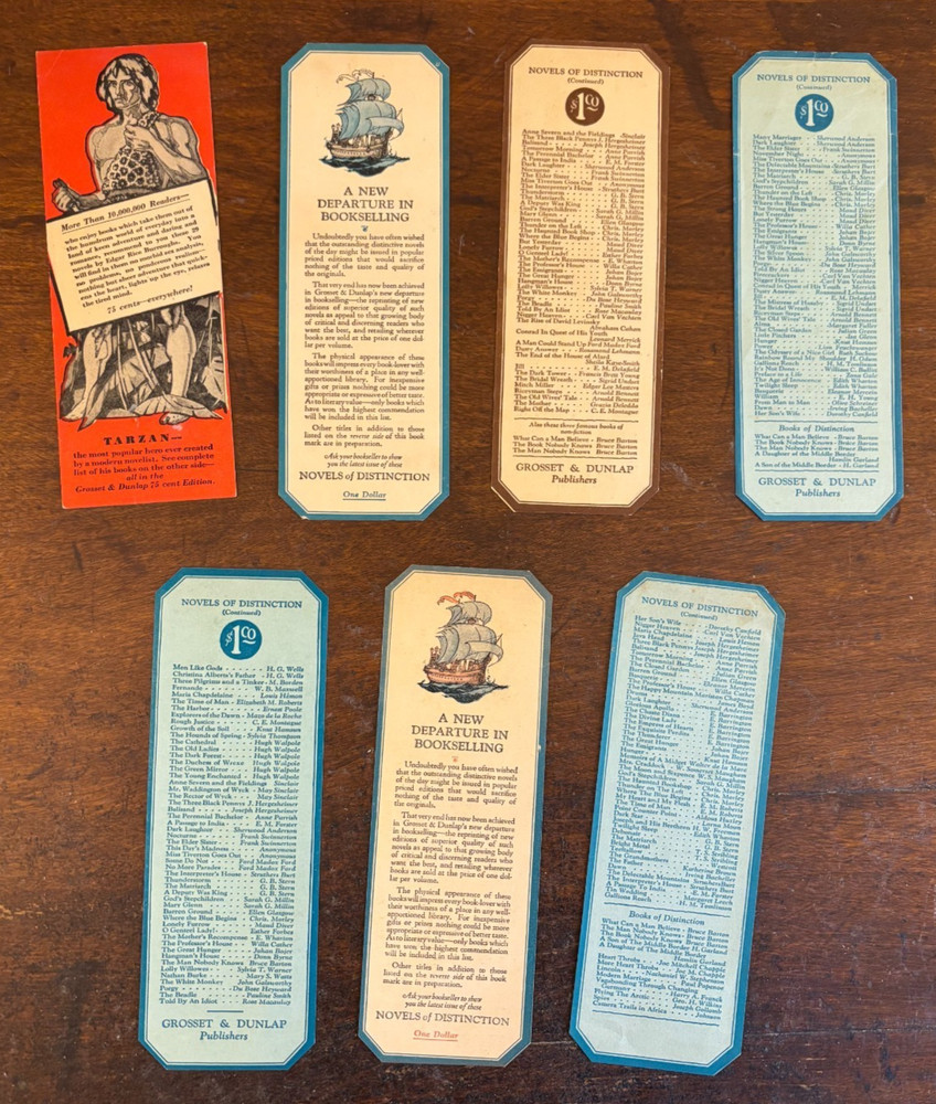7 different Grosset & Dunlap bookmarks VG+ 1930s Edgar Rice Burroughs Tarzan