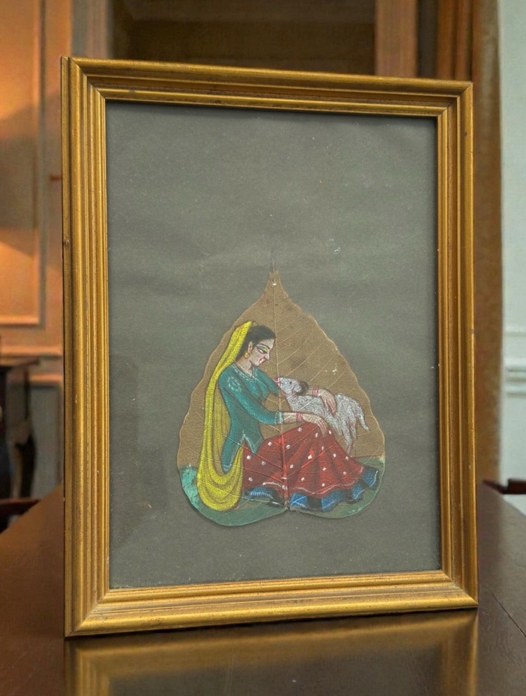 Vintage Indian Leaf Painting Reclining Woman With Attendant Painted Framed Art