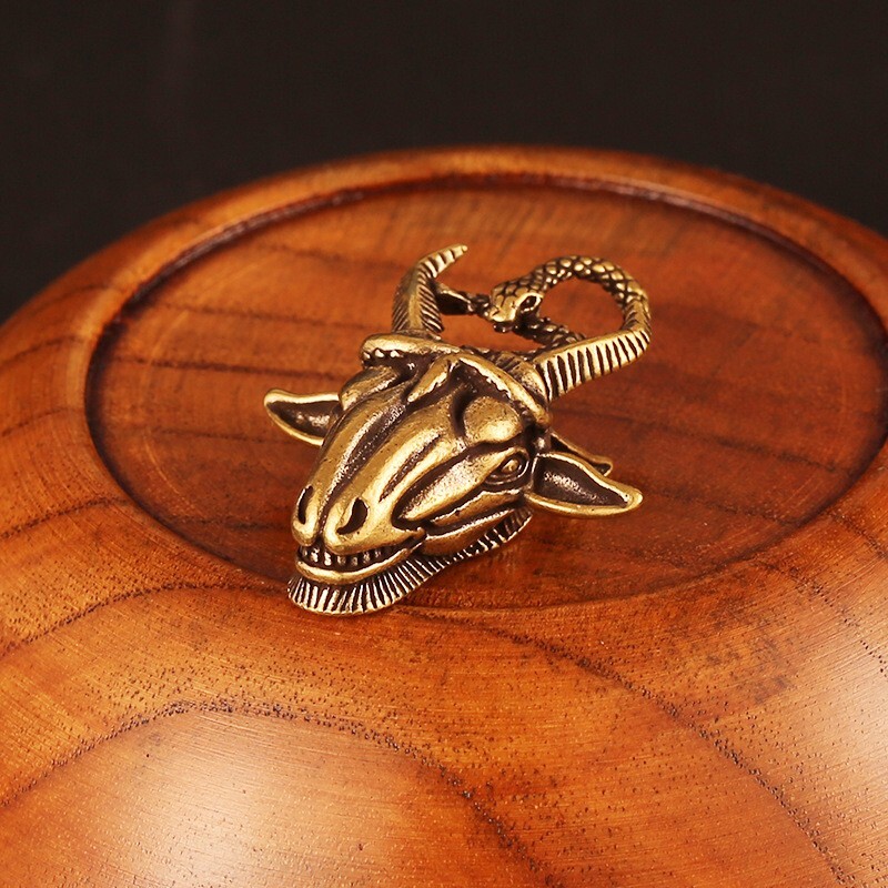 Pure Brass Snake Goat Head Pendant Keychain Hanging Keyring Miniature Craft Gift