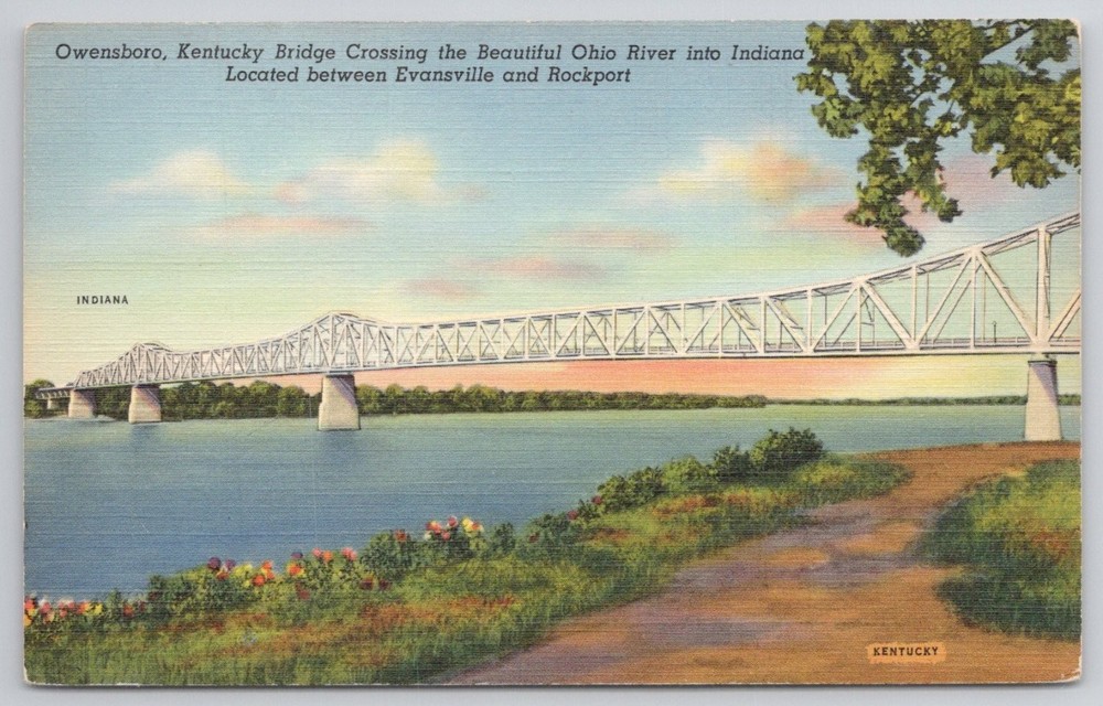 Owensboro KY Bridge Ohio River Indiana Postcard Curteich Art-Colortone 1940s