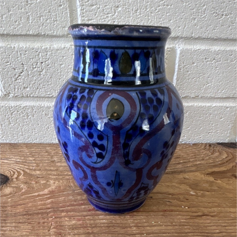 Signed Blue Ceramic Vase Hand Painted Floral Design Glossy Glazed Finish