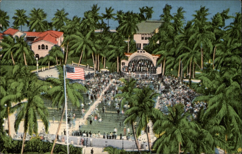 West Palm Beach Florida City Park band shell flag aerial view ~ 1940s linen