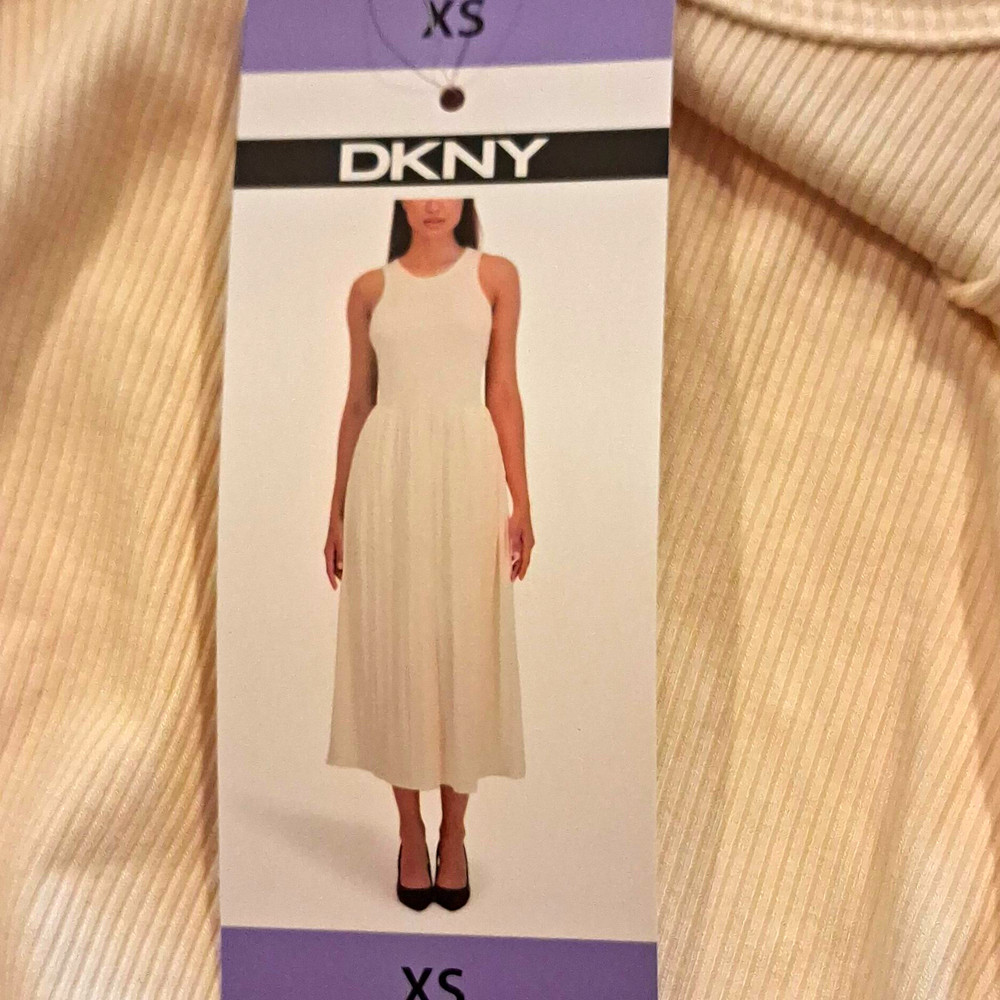 DKNY Women's Beige Ribbed Knit Sleeveless Scoop Neck Stretch Midi Dress XS