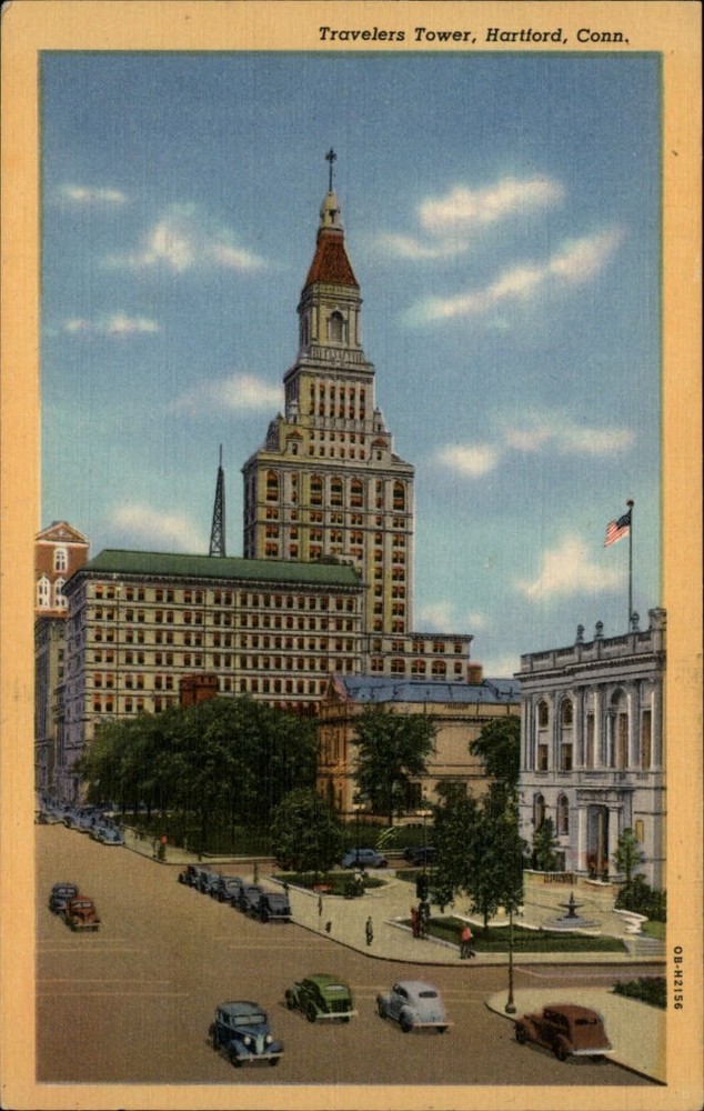 Travelers Tower Hartford Connecticut flag vintage cars ~ 1940s linen postcard