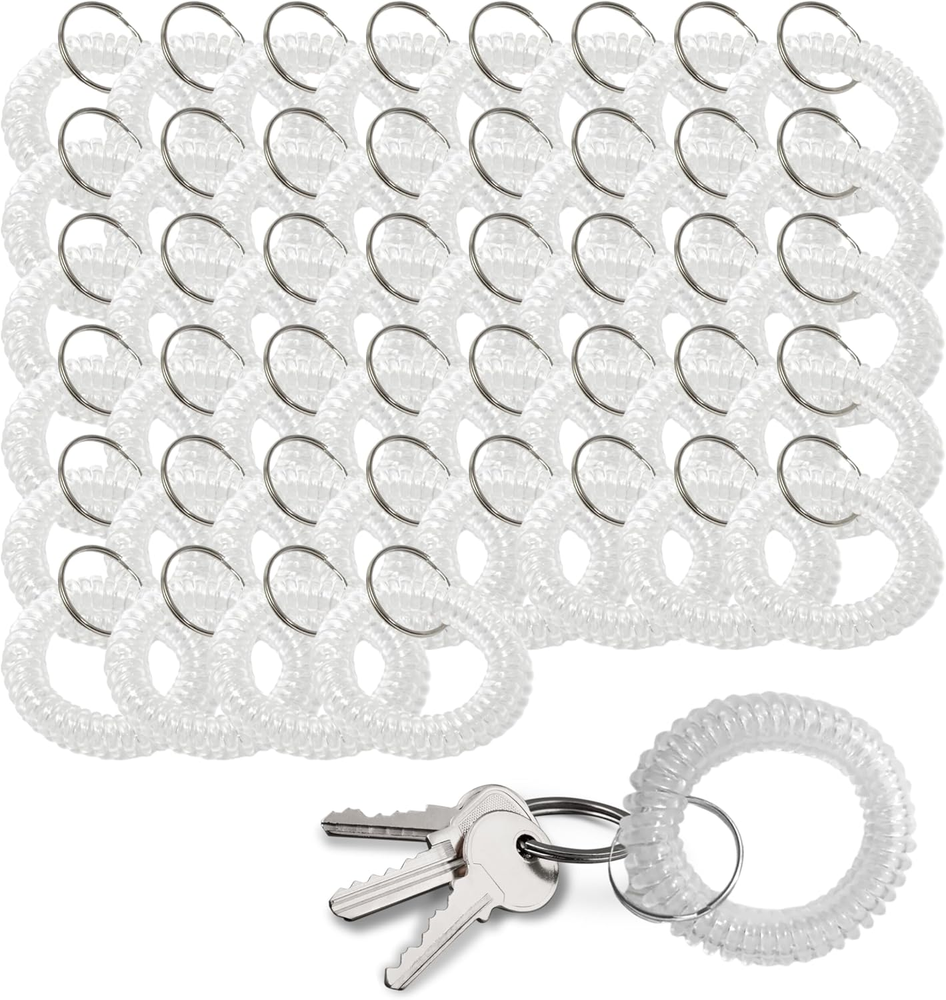 50PCS Clear Wrist Keychain – Crystal Clear Spring Spiral Wrist Coil Key Chain fo
