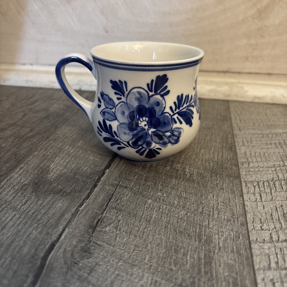 Vtg Delft Blue Coffee Cup Holland Hand Painted Windmill Floral Tea Mug White 8oz