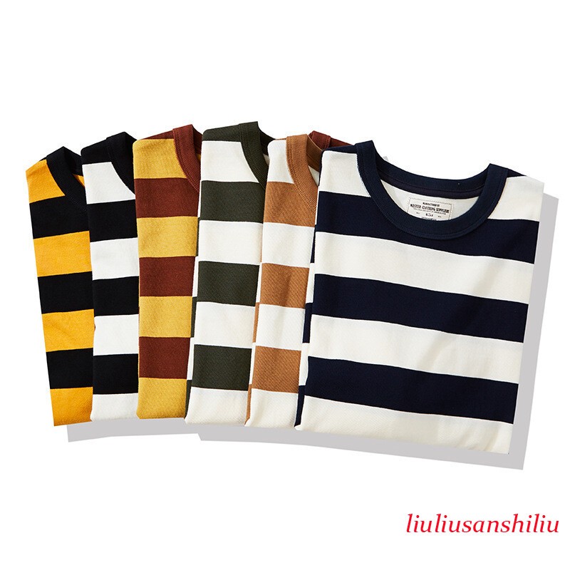 Men Vintage Amekaji Prisoner Striped Long Sleeve T-Shirt Casual Motorcycle Shirt