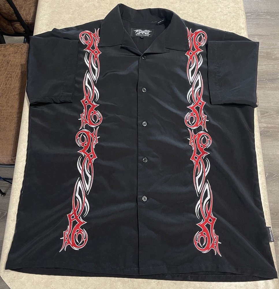 Vtg Dragonfly Shirt Mens Sz L Black Red Flame Tribal Button Up Camp Bowling Rock