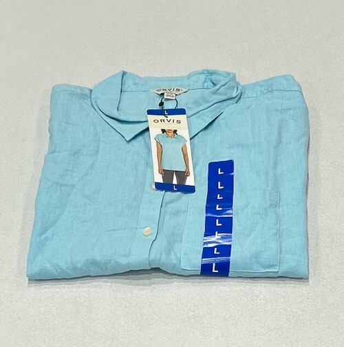 Orvis Women's Button-Up Short Sleeves Chest Pocket Blouse, Blue, Size L