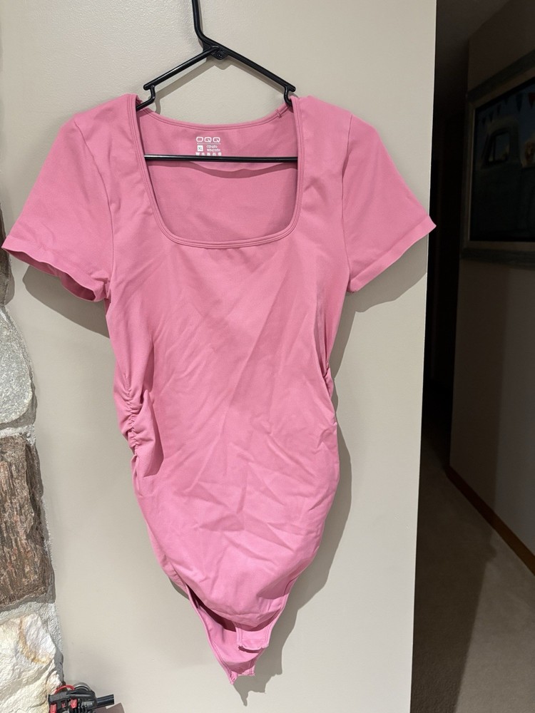 OQQ Women's Bodysuit , PINK Ribbed, SHORT Sleeve, Square Neck, Size Extra Large