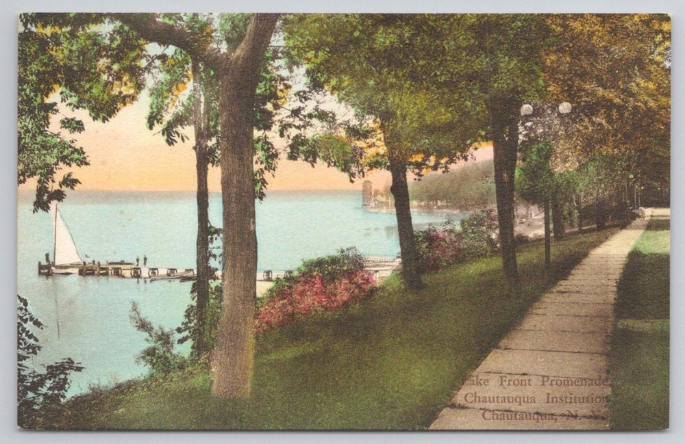 Chautauqua Lake Front Promenade NY Hand Colored Albertype Postcard Sailboat