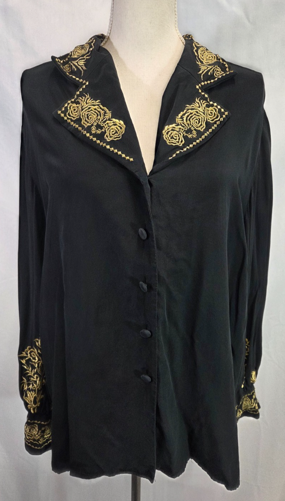 Diane Von Furstenberg Black Silk Blouse With Gold Rose Detail Size L