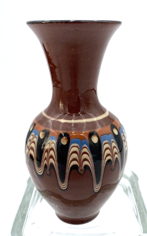 Vintage Troyan (Bulgaria) Drip Glaze Terra Cotta Studio Pottery Bud Vase, 4.3