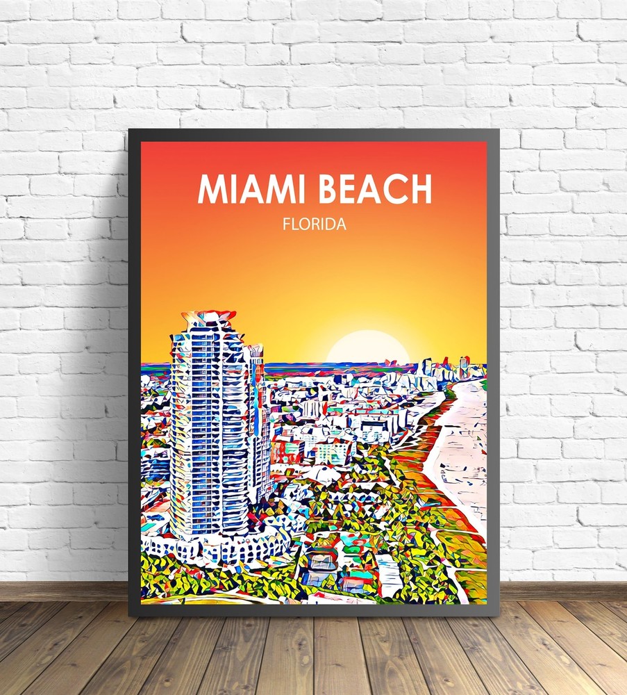 Miami Beach Fl Art Poster Florida Sunset Landscape Poster Print Miami Beach