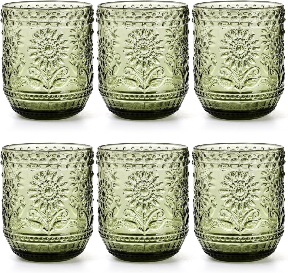 Set of 6 Vintage Drinking Glasses 12 Oz Green Colored Glassware Floral Embossed