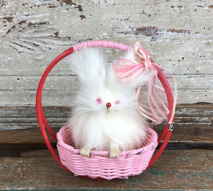 Vtg Bunny Rabbit Angora in Basket Made In Japan Easter Red Pink 4” Tall Nice