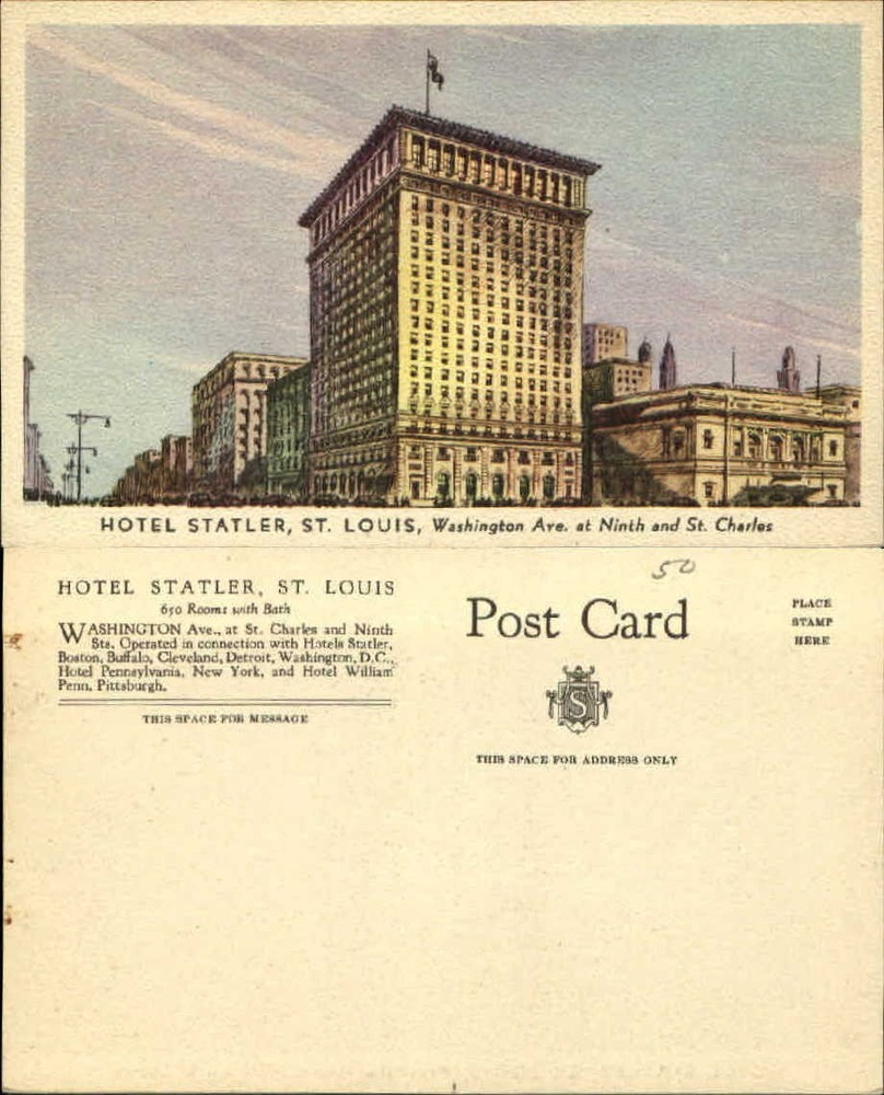 Hotel Statler St Louis Missouri MO Washington Ave unused vintage postcard