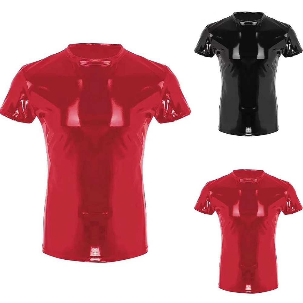 Mens Short Sleeve Faux Leather Wet Look T Shirt in PVC Clubwear for costume Top