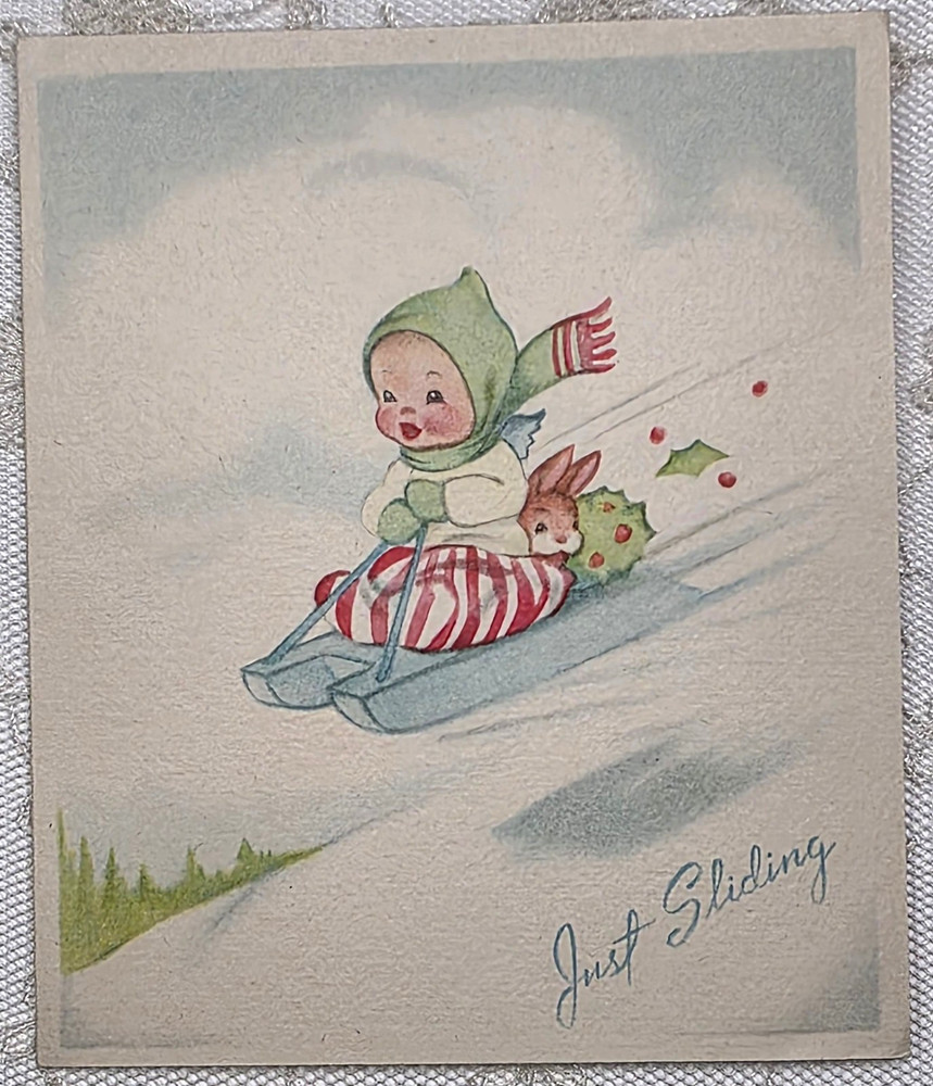 2 Images - Baby, Bunny, Sled - 1940's Vintage GRINNEL Christmas Greeting Card