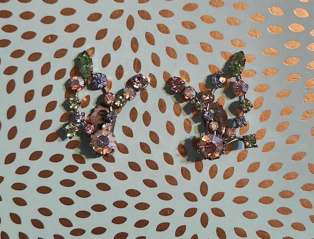 VTG Made In Austria Clip-on Earrings Multicolor Rhinestones     Silvertone