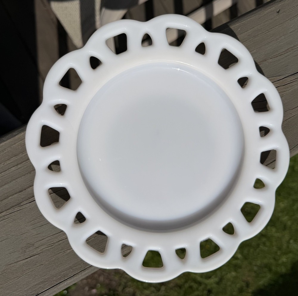 Vintage Hazel Atlas Scalloped Open Lace Edge White Milk Glass Dessert Plate