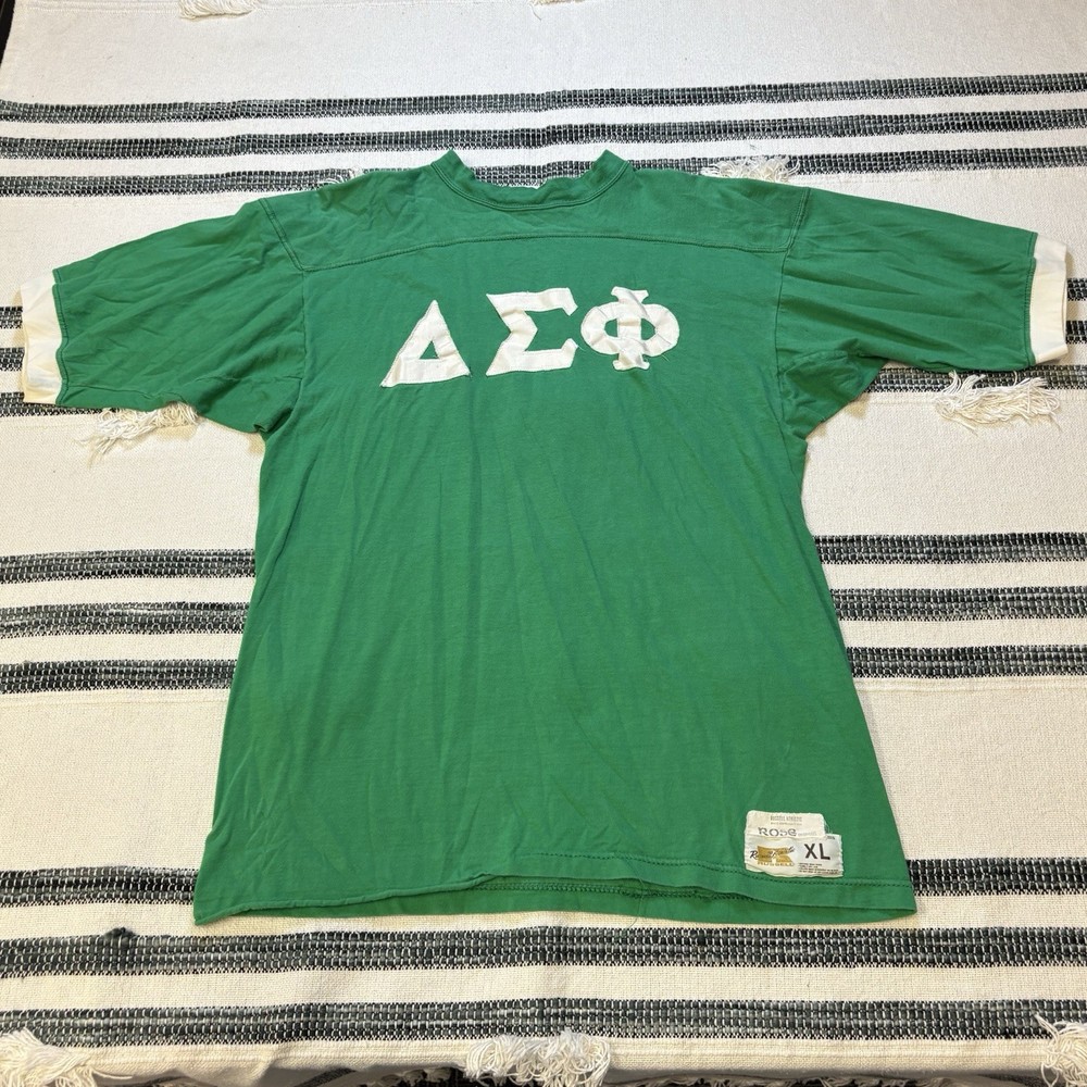Vtg 70s 80s Delta Sigma Phi Fraternity Jersey T-Shirt Green XL Rose Elbow Pads