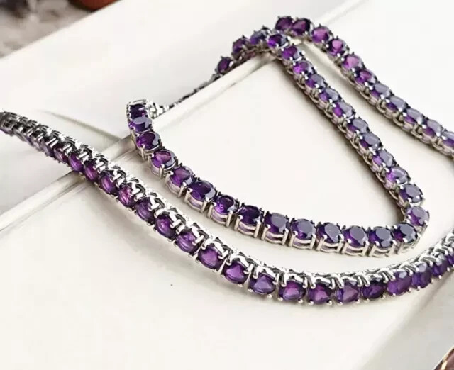 27ct Round Lab-Created 4mm Amethyst Tennis Necklace in 14K White Gold Plated 18 Inch Chain  
