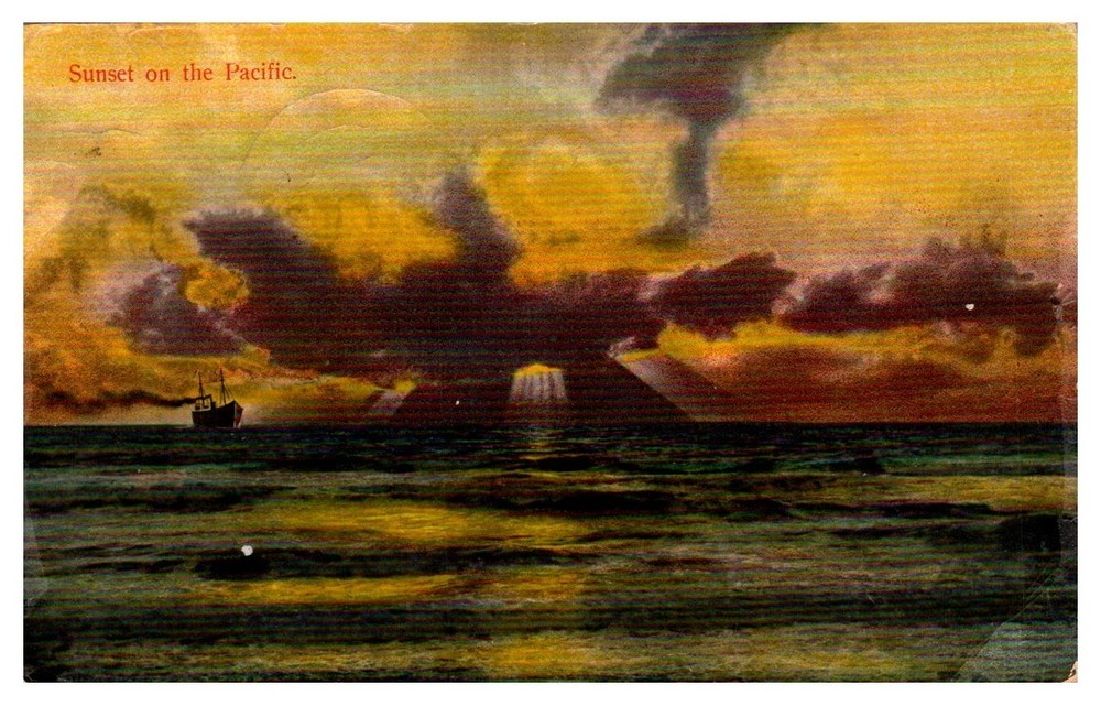 1909 Sunset & Ship On The Pacific Ocean Off California Vintage Postcard