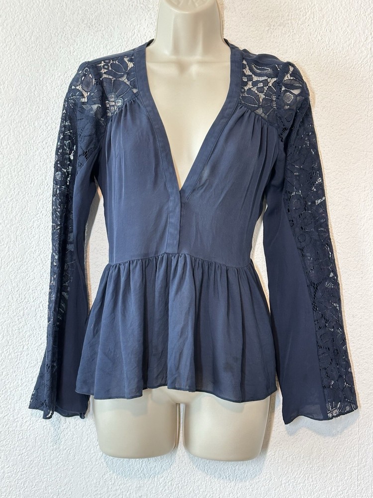 Y2K Elizabeth & James Sz S Silk Blue Babydoll Top Crochet Flare Sleeve Boho