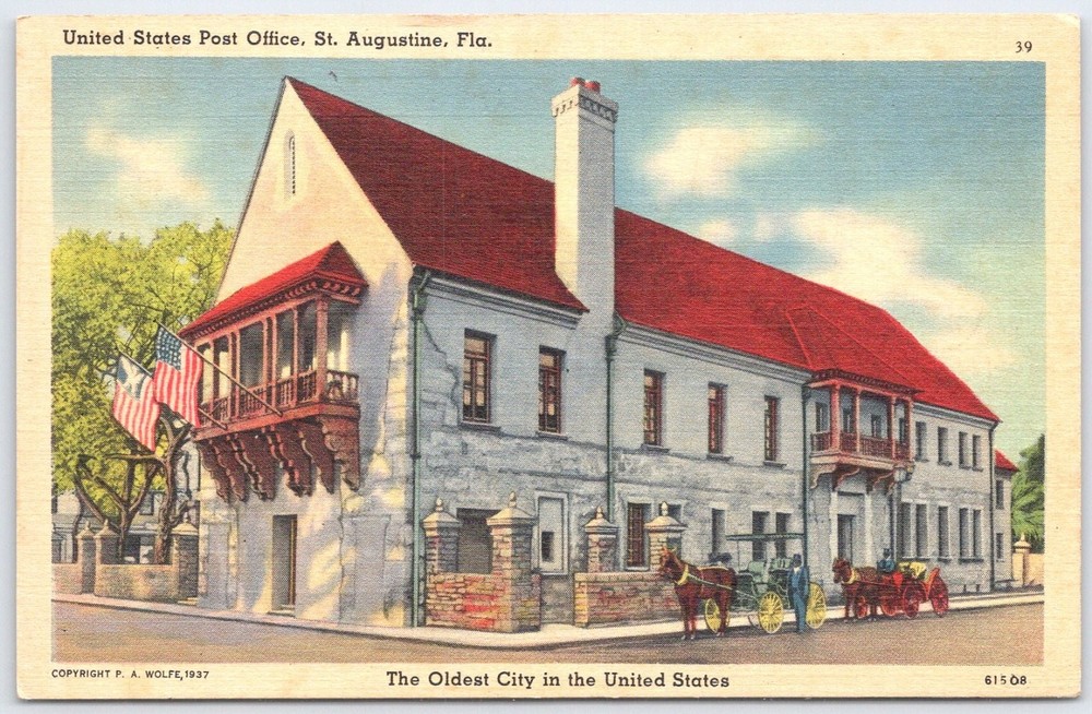1937 St. Augustine FL Post Office Oldest City Governor's Mansion Linen Postcard