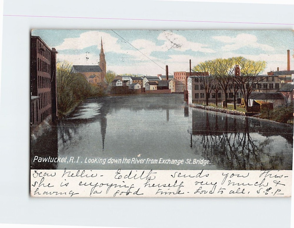 Postcard Looking Down the River from Exchange St. Bridge Pawtucket Rhode Island