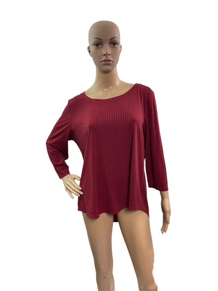Chicos Women’s Size Large 3/4 Sleeve Round Neck Red Black Polka Dots Blouse