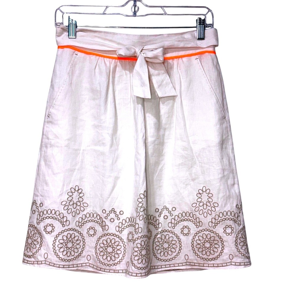 T Tahari Linen Belted Embroidered Skirt Size 6 Boho Garden Party Coastal Cottage