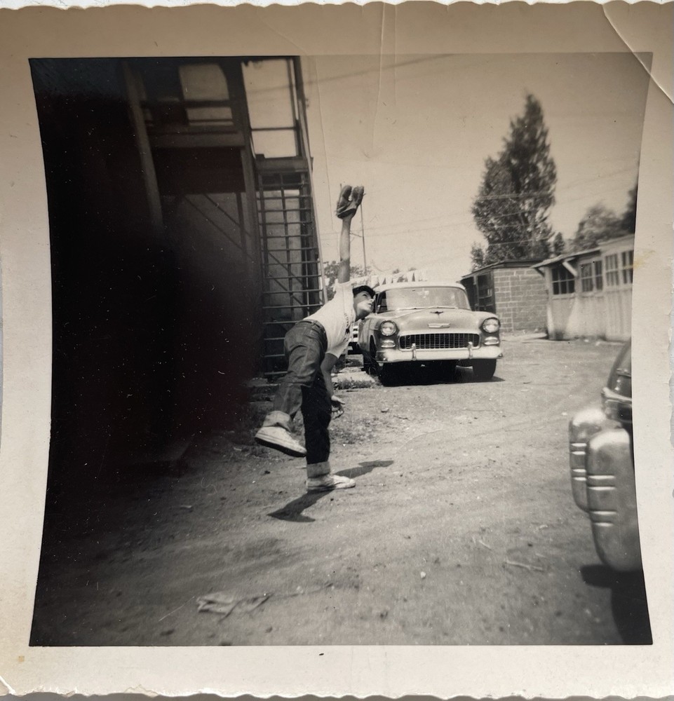 VTG Photo Boy Playing Baseball In Alley 1950s Americana Snapshot Street Scene